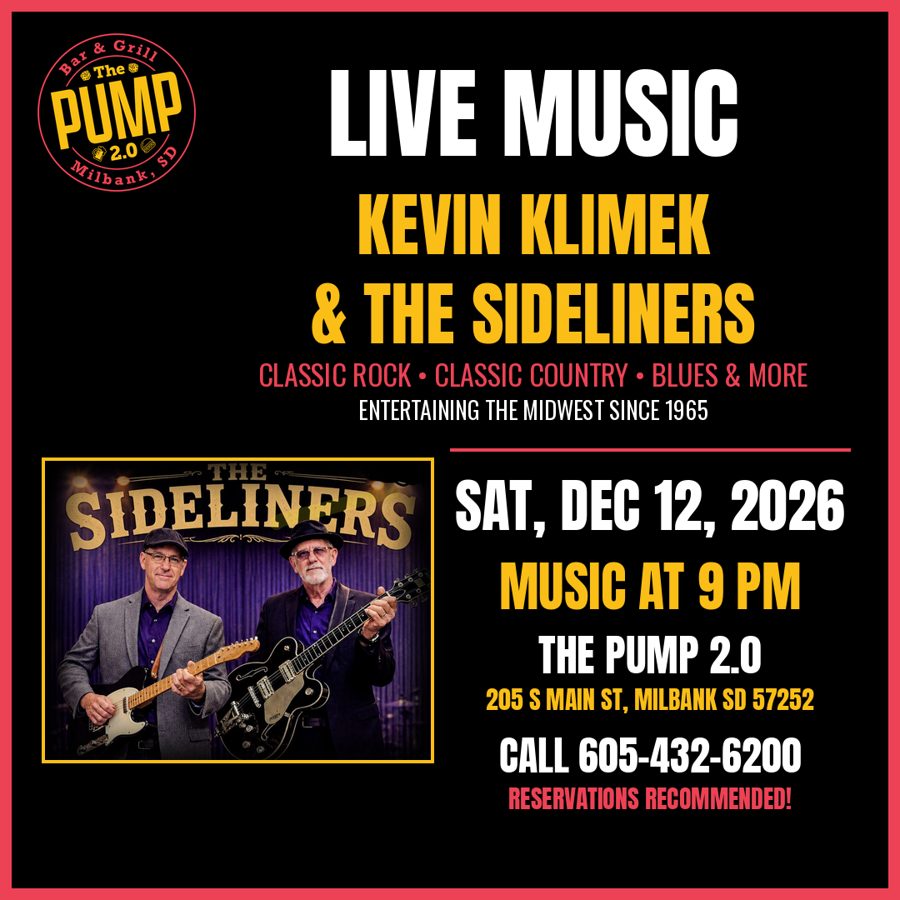 Flyer: Kevin Klimek and The Sideliners live at The Pump 2.0, Saturday December 12, music at 9 PM