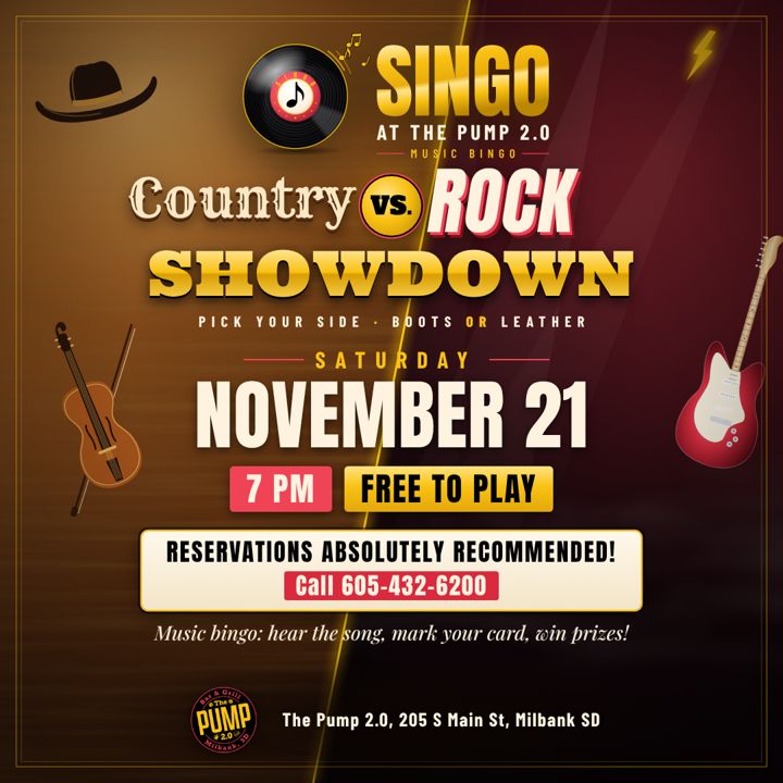 Flyer: SINGO Country vs Rock Showdown, Saturday November 21, 7 PM, free to play